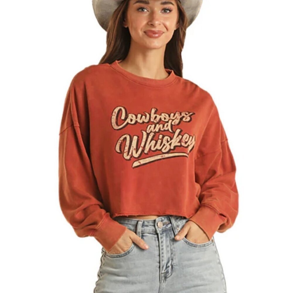Rock & Roll Denim Cowboys and Whiskey Crop Top Sweatshirt Western Boho